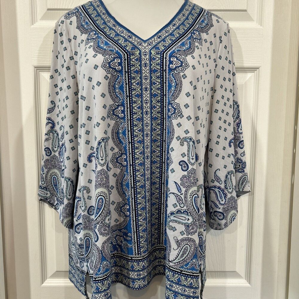 JM Collection XL V Neck Pullover Blouse Tunic Stretch Knit Top Border Trim